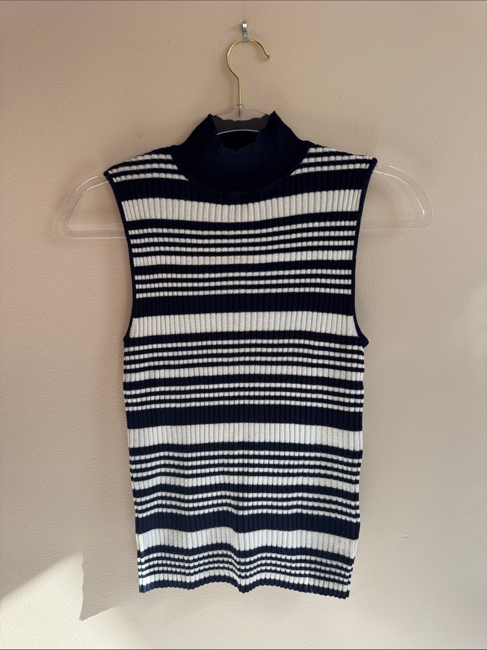 Miss Selfridge navy and white striped ribbed sleeveless mockneck tank top
